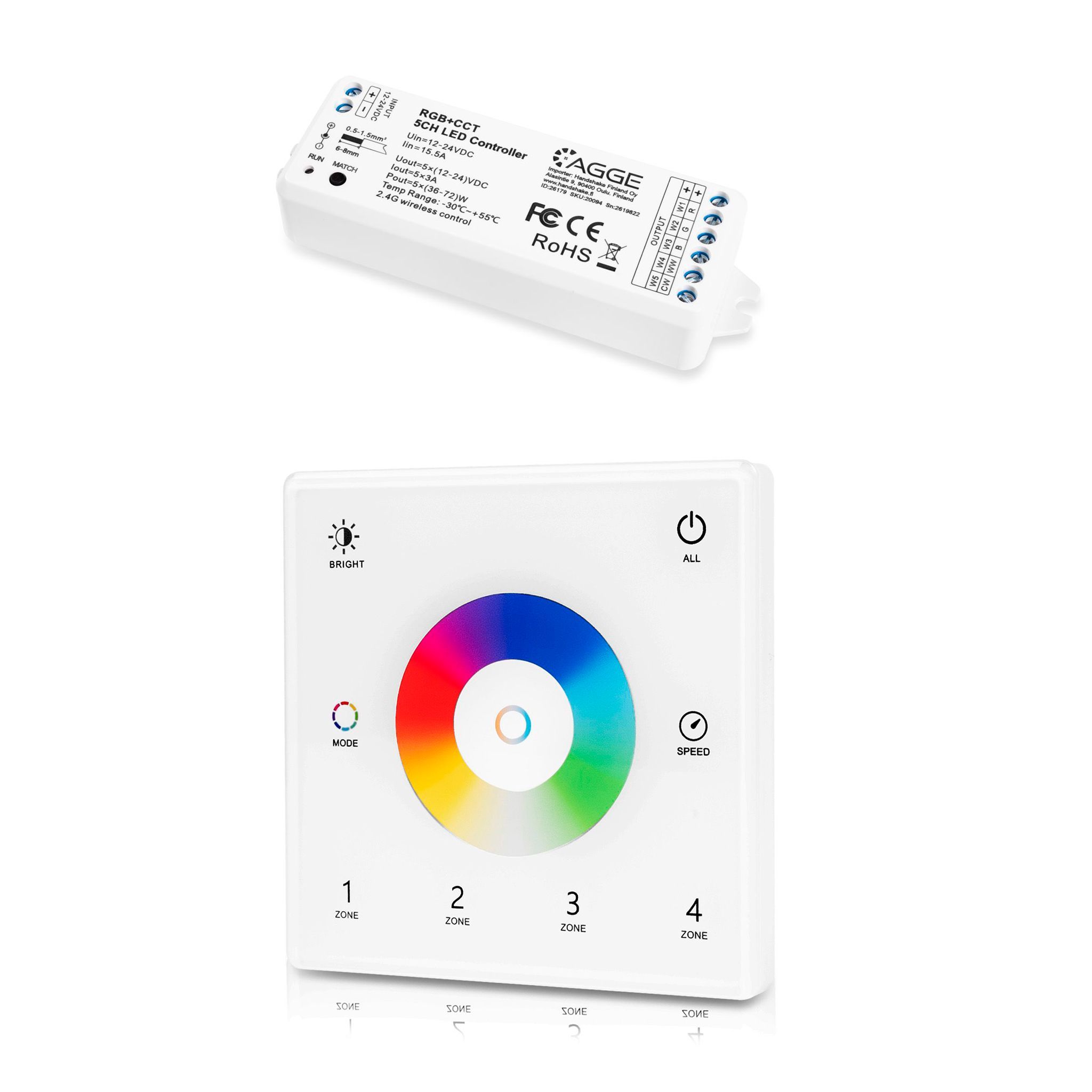 LED-nauhan kaukosäädin AGGE RGB+CCT Wall Mount Touch Panel 4-zones, RF 2.4 GHz, Kaukosäädin + Ohjausyksikkö | Alk. 34,90 €