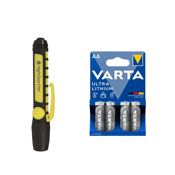 ATEX-lommelykt NIGHTSEARCHER Sigma PL Penlight - 67 lm / 14 cm / 2 x AA, Nightsearcher Sigma PL Penlight + 4 stk. Varta Ultra Lithium AA-batterier
