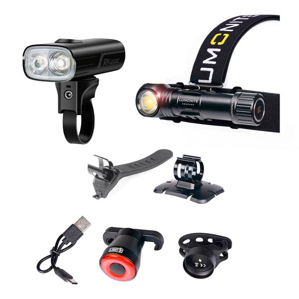 Sykkellys-pakke LUMONITE + OLIGHT, Frontlykt + Hjelmlykt + Baklykt