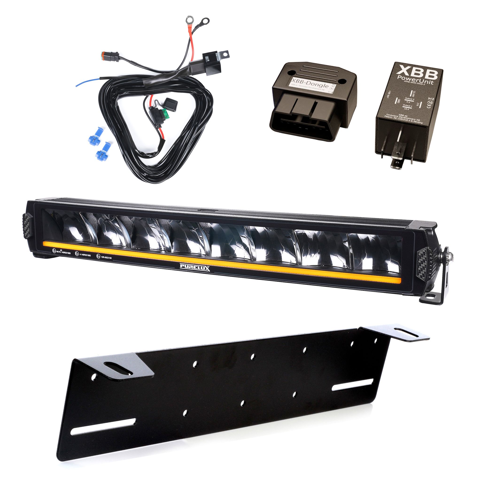 Additional light Purelux Road Curve C550 - Curved / 55 cm / 120W / Ref. 40, 1 pc - Complete set with license plate holder + XBB OBD Dongle&PowerUnit switching relay afbeelding
