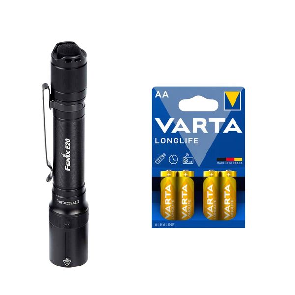 Lommelykt FENIX E20 V2.0 - 350 lm / 127 mm / 2 x AA, Fenix E20 V2.0 + 4 stk. Varta Ultra Lithium AAA-batterier