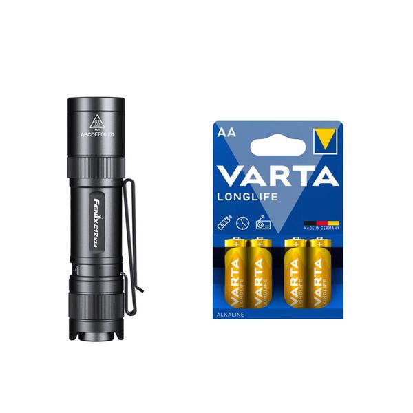 Taskulamppu FENIX E12 V3.0, 200 lm / 82 mm / Paristokäyttöinen, Fenix E12 V3.0 + 4 kpl Varta Long Life AA -paristoja