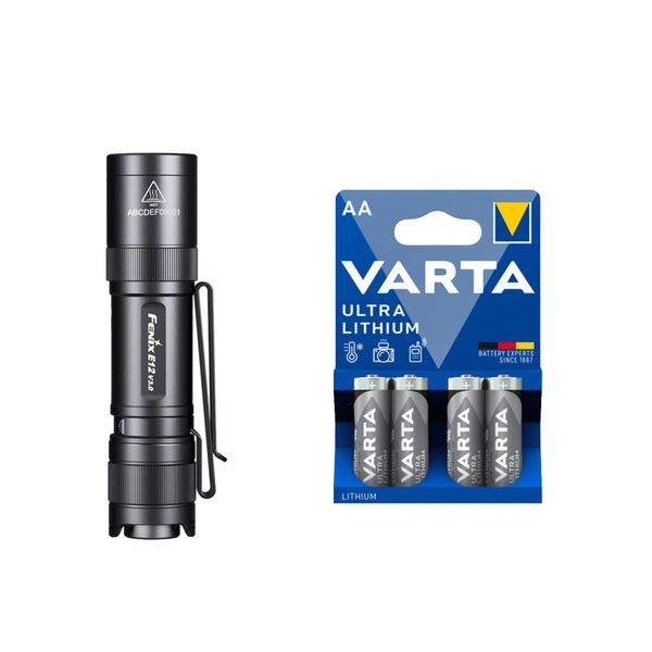 Lommelykt FENIX E12 V3.0 - 200 lm / 82 mm / 1 x AA, Fenix E12 V3.0 + 4 stk. Varta Ultra Lithium AA-batterier