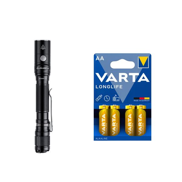 Lommelykt FENIX LD22 V2 - 800 lm / 148 mm / Oppladbar / 2 x AA, Fenix LD22 V2 + 4 stk. Varta Long Life AA-batterier