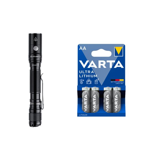 Lommelykt FENIX LD22 V2 - 800 lm / 148 mm / Oppladbar / 2 x AA, Fenix LD22 V2 + 4 stk. Varta Ultra Lithium AA-batterier
