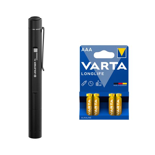 Lommelykt LEDLENSER P4 - 180 lm / 142 mm / 2 x AAA, Ledlenser P4 + 4 stk. Varta Long Life AAA-batterier