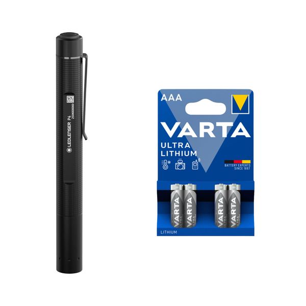 Lommelykt LEDLENSER P4 - 180 lm / 142 mm / 2 x AAA, Ledlenser P4 + 4 stk. Varta Ultra Lithium AAA-batterier