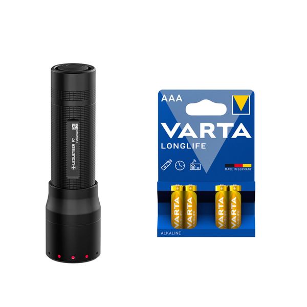 Lommelykt LEDLENSER P7 - 650 lm / 131 mm / 4 x AAA, Ledlenser P7 + 4 stk. Varta Long Life AAA-batterier