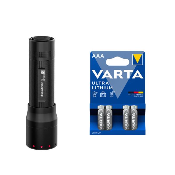 Lommelykt LEDLENSER P7 - 650 lm / 131 mm / 4 x AAA, Ledlenser P7 + 4 stk. Varta Ultra Lithium AAA-batterier