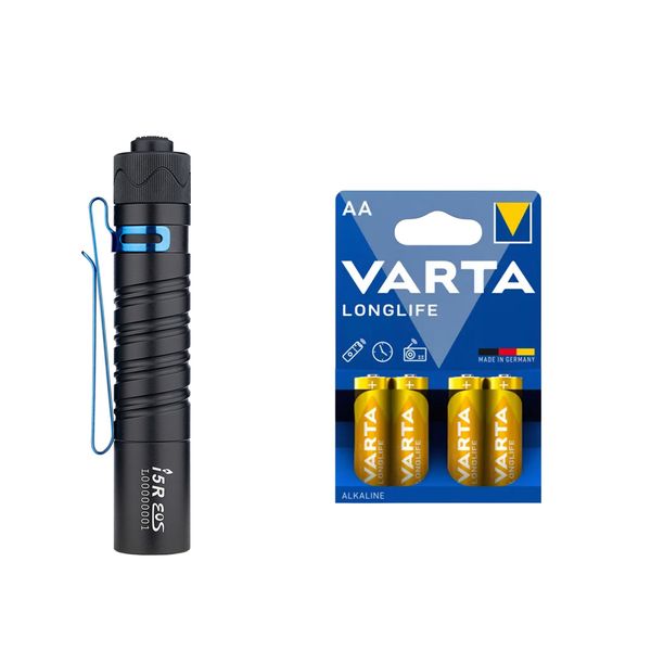 Lommelykt OLIGHT I5R EOS - 350 lm / 95 mm / Oppladbar / 1 x AA, Olight I5R EOS + 4 stk. Varta Long Life AA-batterier
