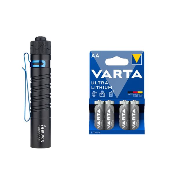 Lommelykt OLIGHT I5R EOS - 350 lm / 95 mm / Oppladbar / 1 x AA, Olight I5R EOS + 4 stk. Varta Ultra Lithium AA-batterier