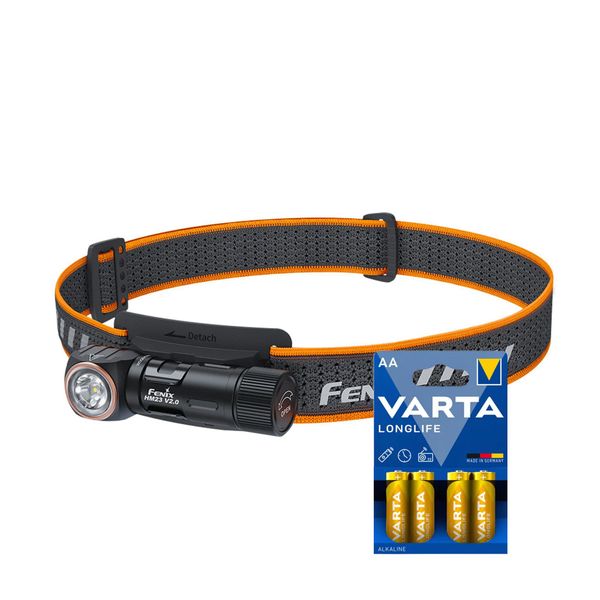 Hodelykt FENIX HM23 v2.0 - 300 lm / 1 x AA, Fenix HM23 v2.0 + 4 stk. Varta Long Life AA-batterier