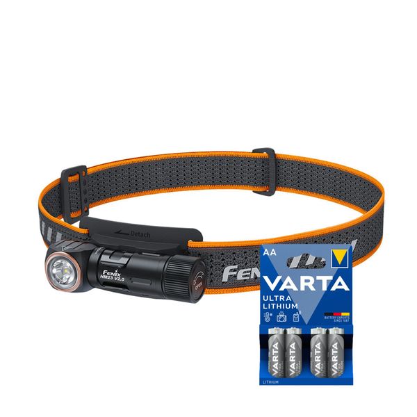 Hodelykt FENIX HM23 v2.0 - 300 lm / 1 x AA, Fenix HM23 v2.0 + 4 stk. Varta Ultra Lithium AA-batterier