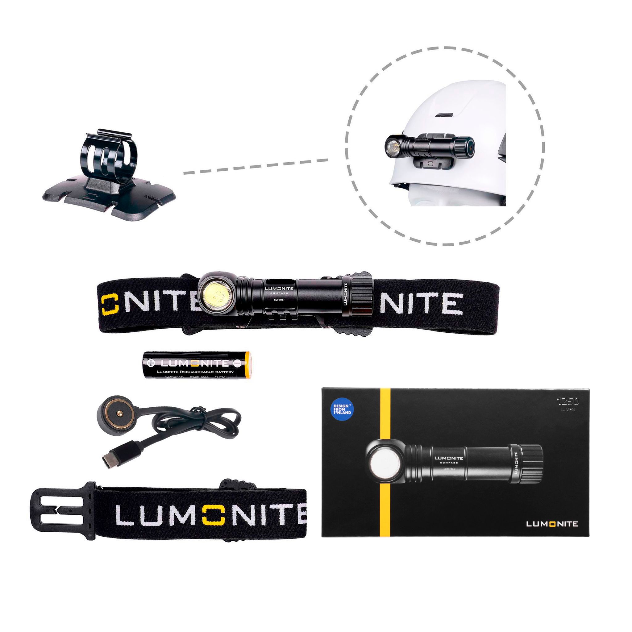 Pannlampa LUMONITE Compass - 1250 lm / Laddbar, Grundpaket + Hj&auml;lmf&auml;ste (klister)