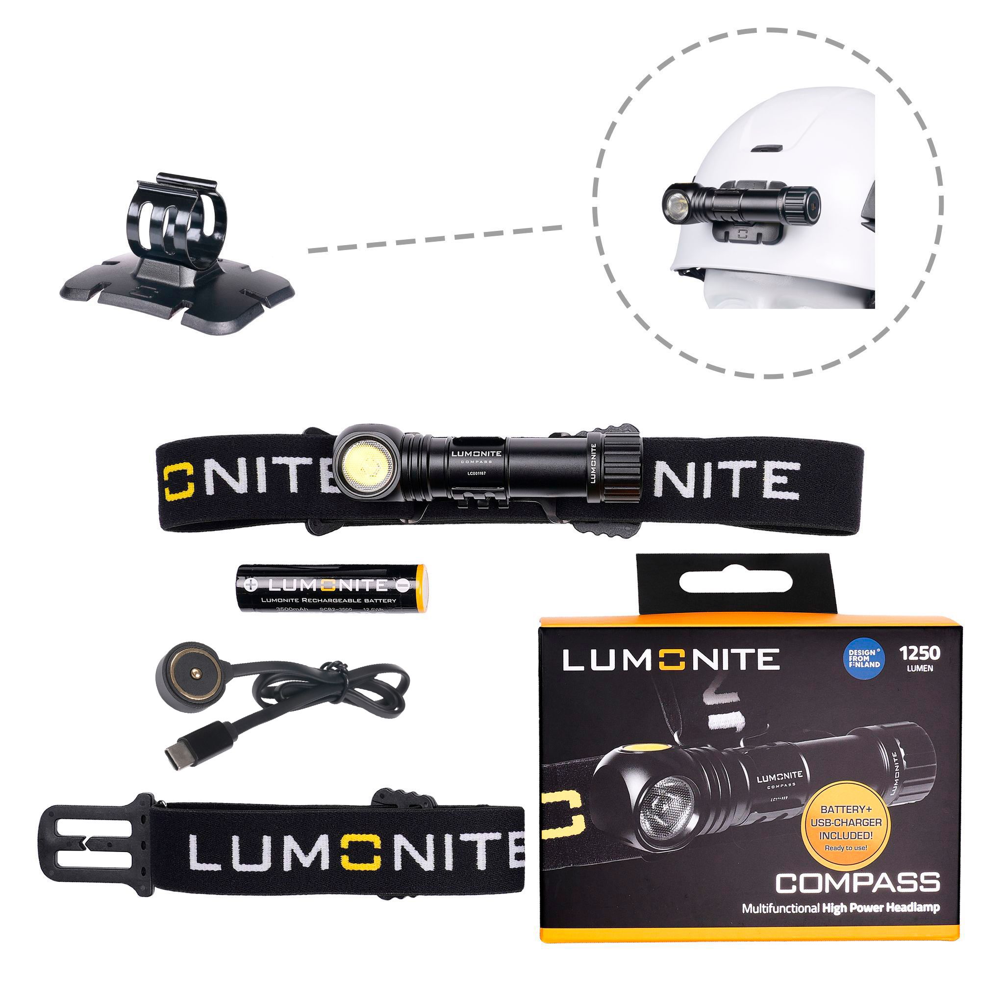 Headlamp LUMONITE Compass - 1250 lm / Rechargeable, Standard kit + Helmet mount afbeelding