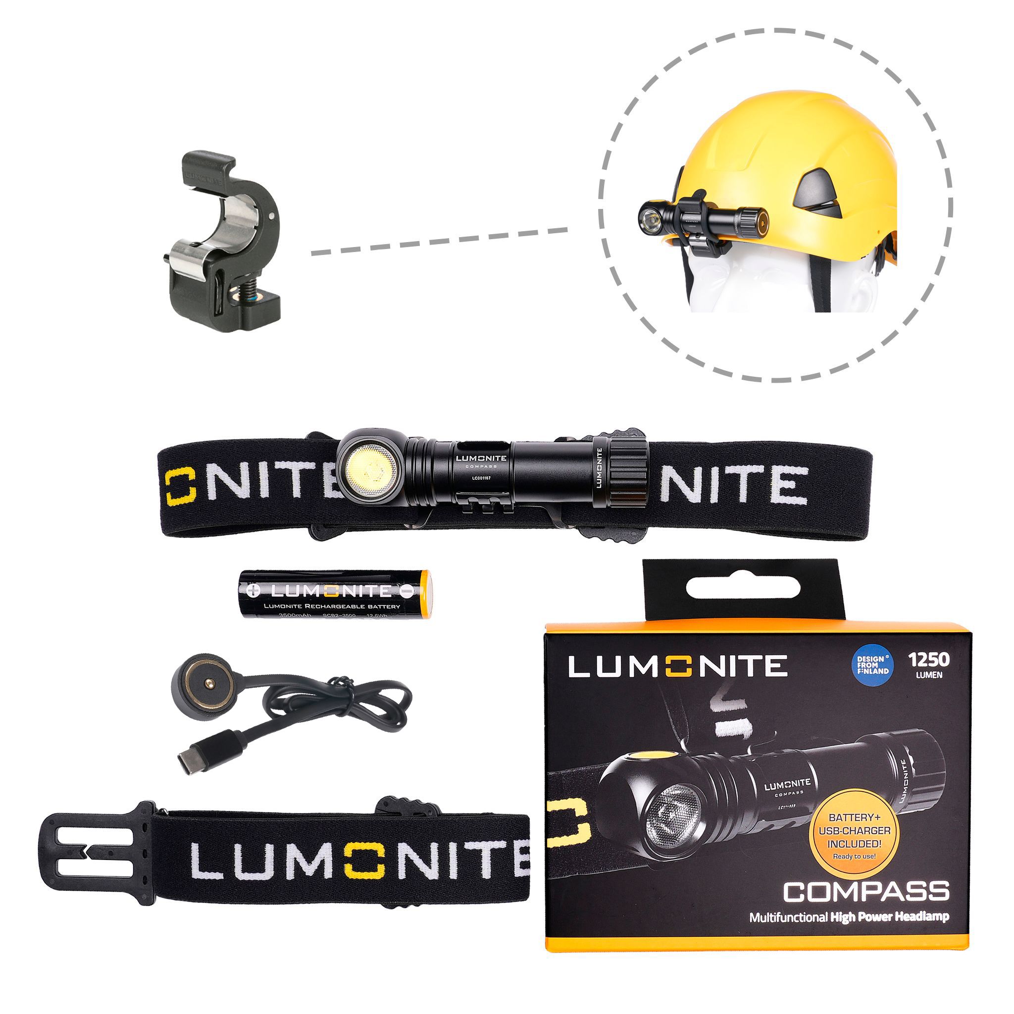 Headlamp LUMONITE Compass - 1250 lm / Rechargeable, Standard kit + Work helmet bracket afbeelding