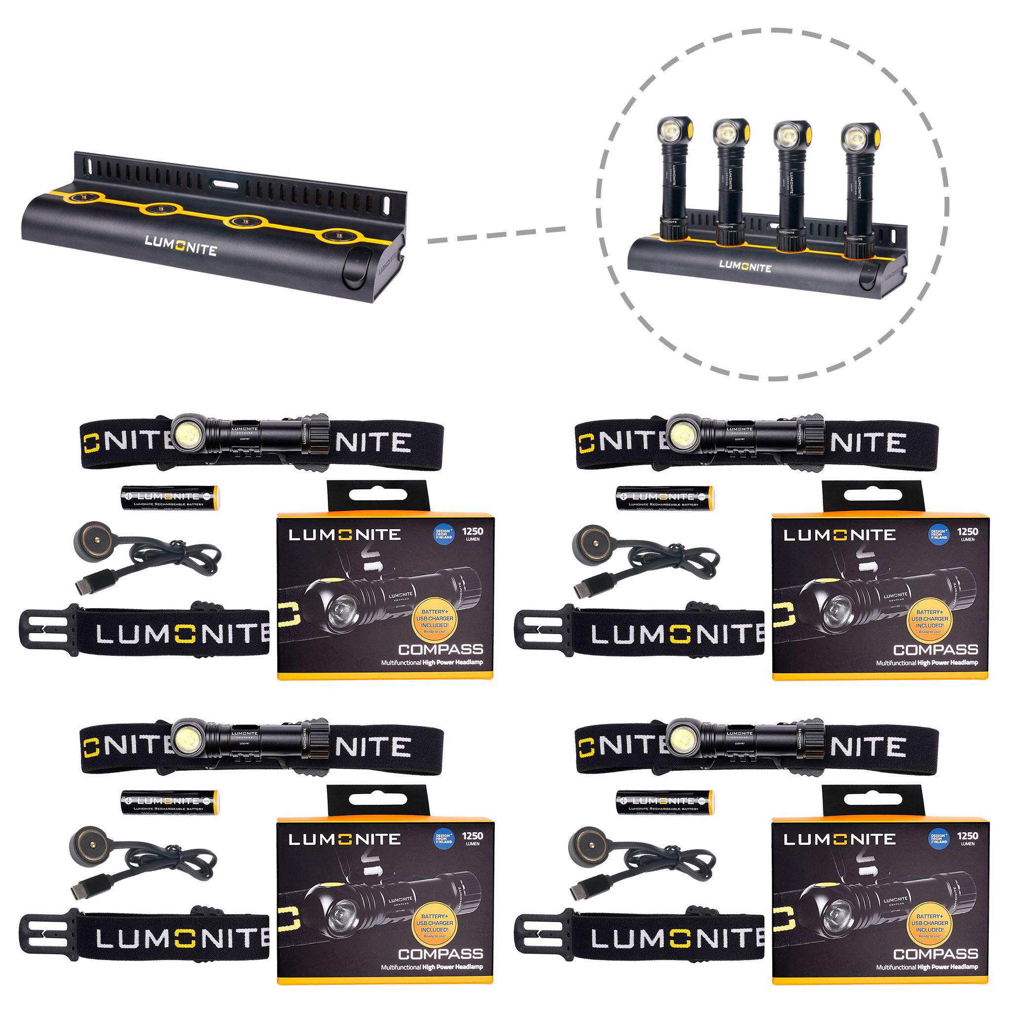 Headlamp LUMONITE Compass - 1250 lm / Rechargeable, 4 Standard kit + Charging station afbeelding
