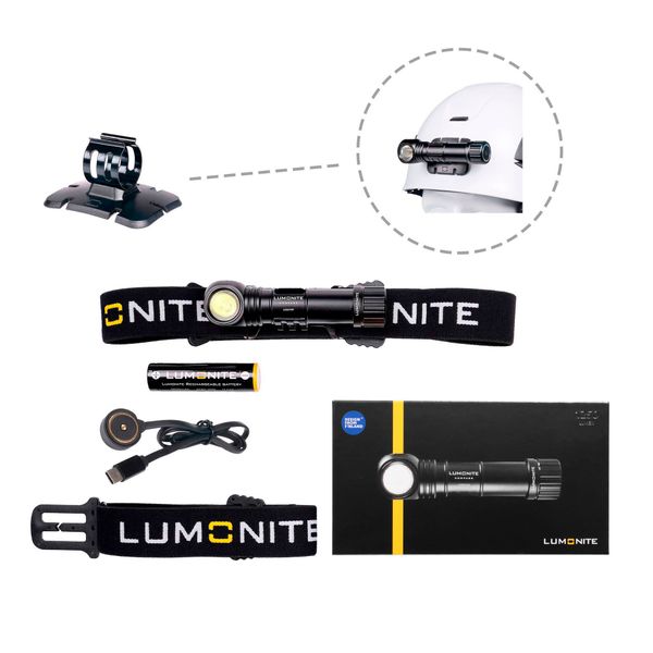 Pannlampa LUMONITE Compass - 1250 lm / Laddbar, Grundpaket + Hj&auml;lmf&auml;ste (klister)