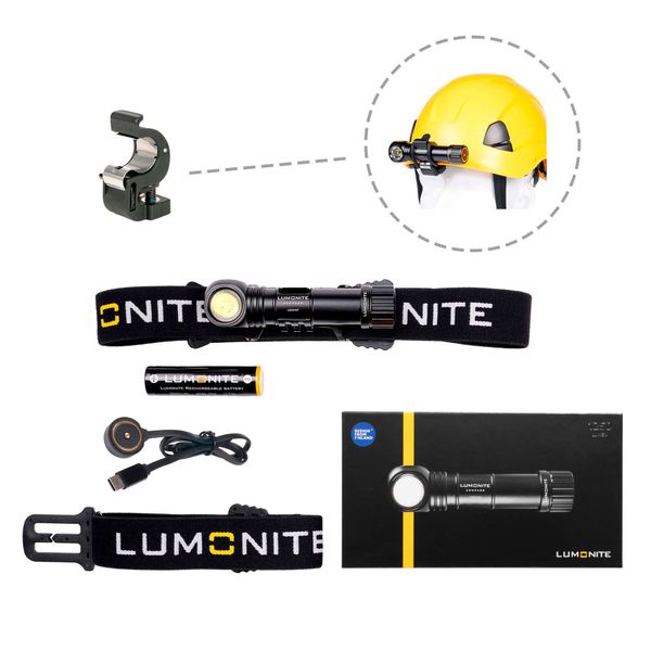Pannlampa LUMONITE Compass - 1250 lm / Laddbar, Grundpaket + Skruvf&auml;ste f&ouml;r arbetshj&auml;lm