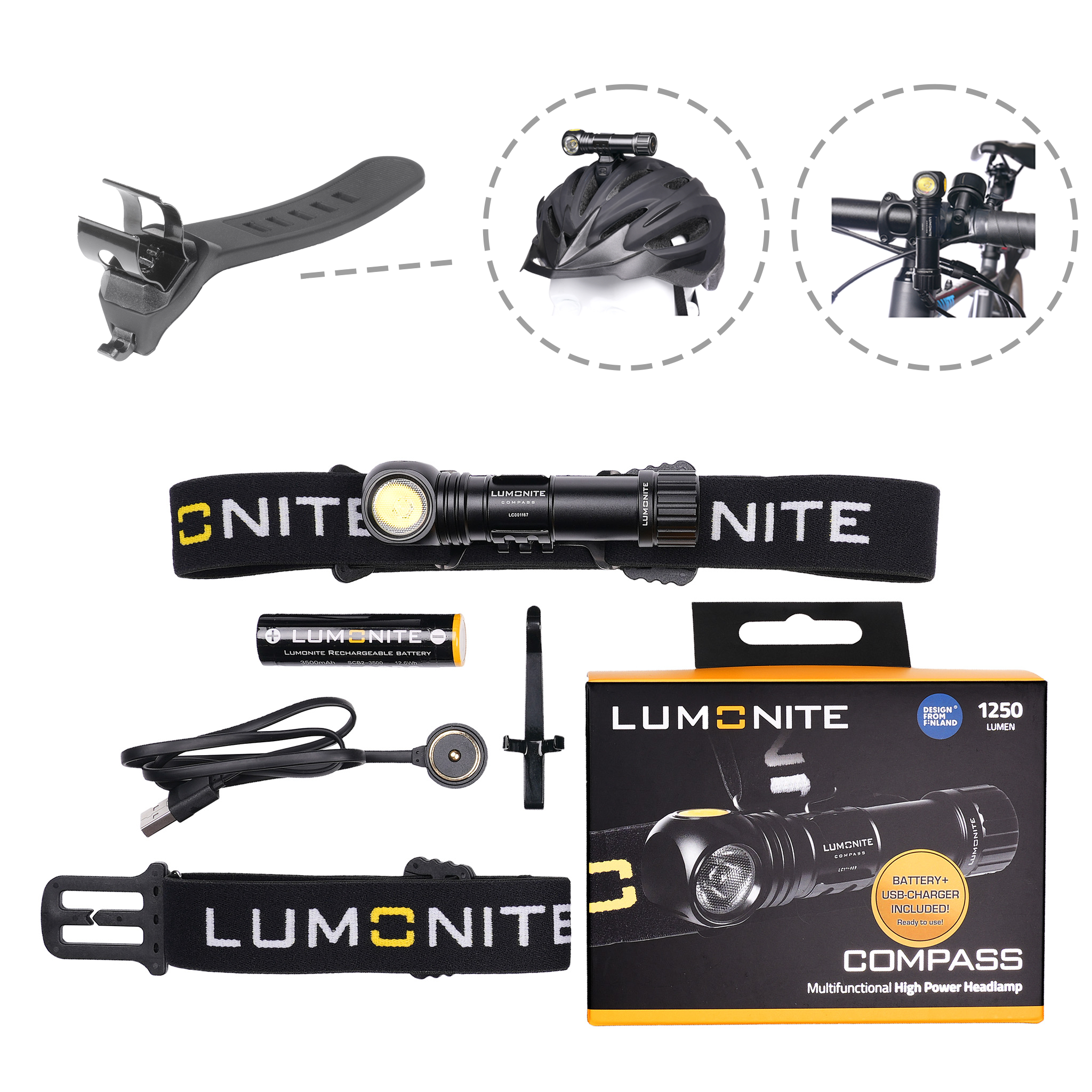 Läs mer om Pannlampa LUMONITE Compass, 1250 lm (2023), Standardpaket + Cykelfäste