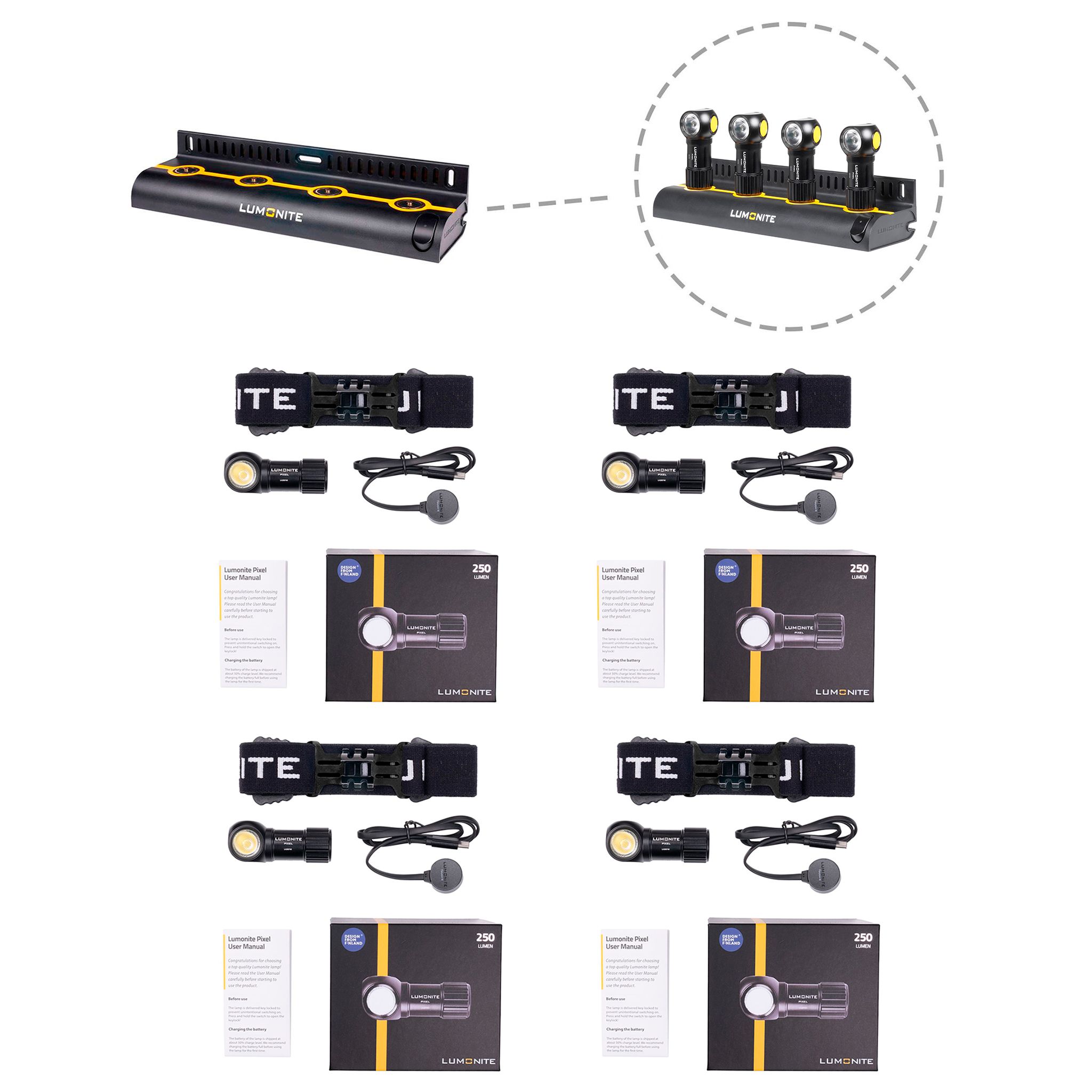 Headlamp LUMONITE Pixel V2 - 250 lm / Rechargeable, 4 x Standard kit + Charging dock afbeelding