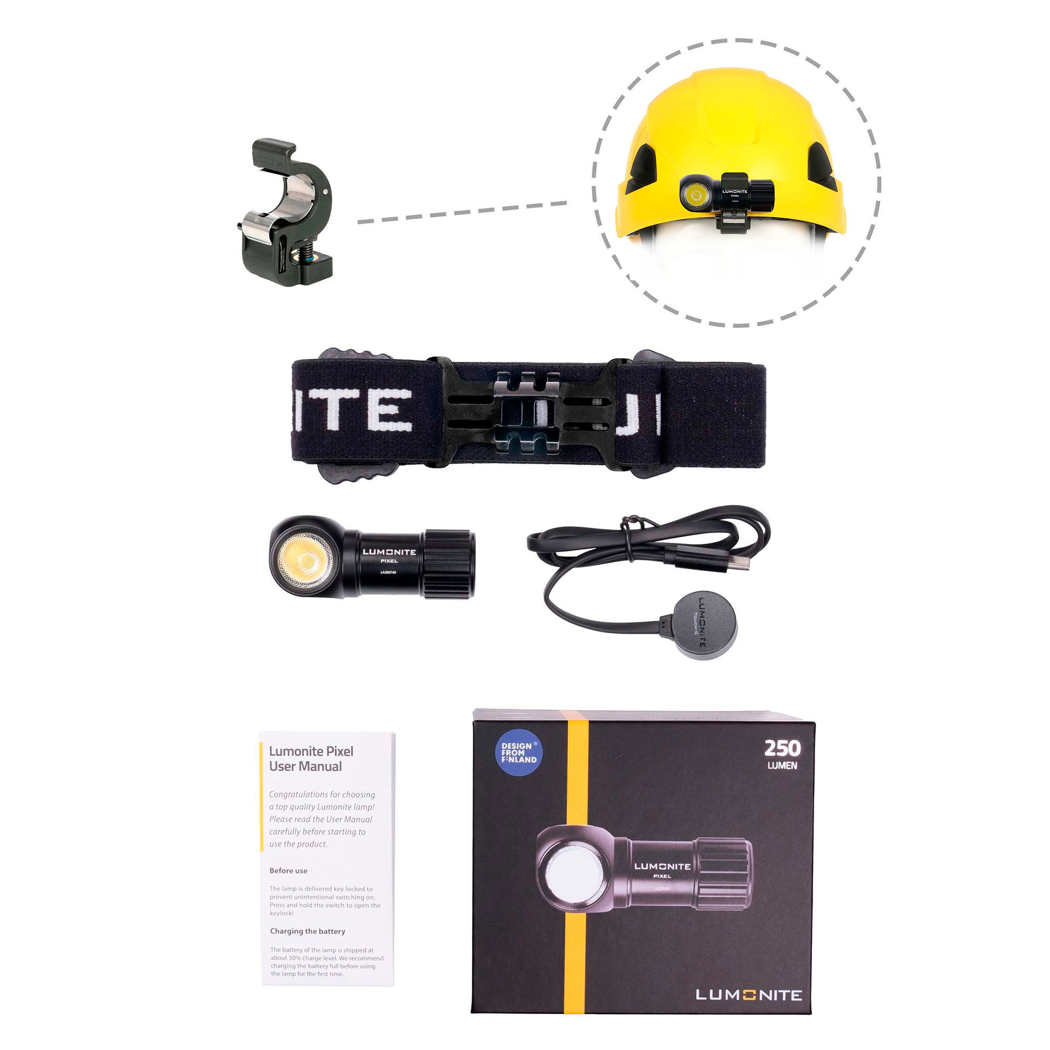 Headlamp LUMONITE Pixel V2 - 250 lm / Rechargeable, Standard kit + Work helmet bracket (screwable) afbeelding