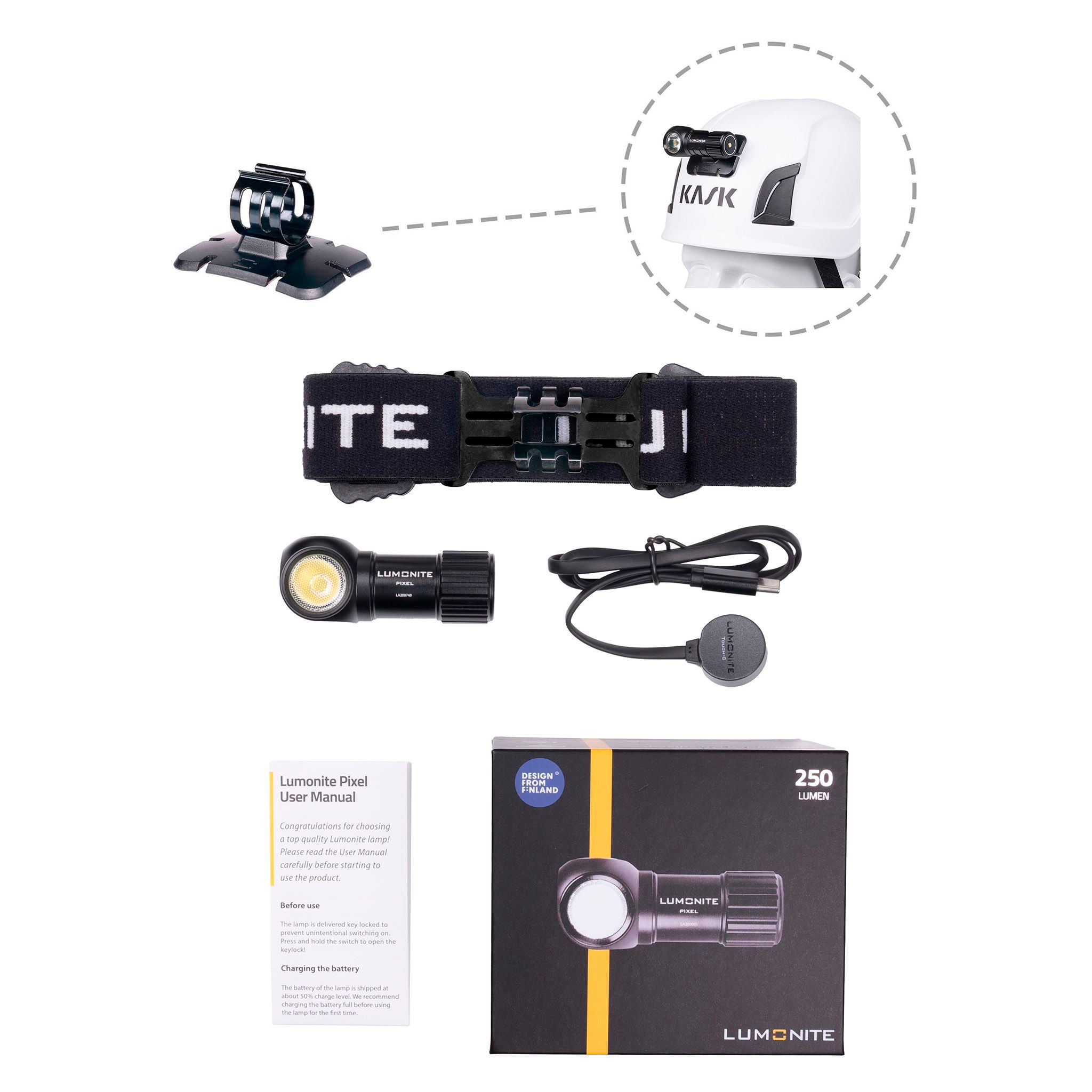 Headlamp LUMONITE Pixel V2 - 250 lm / Rechargeable, Standard kit + Work helmet bracket (glueable) afbeelding