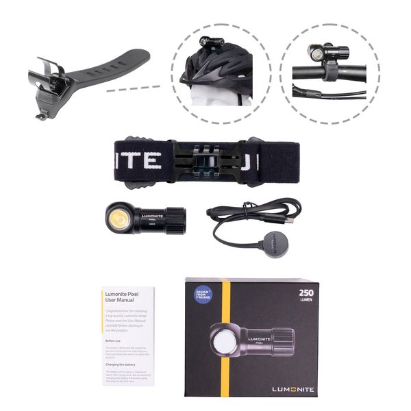 Pannlampa LUMONITE Pixel V2 - 250 lm / Laddbar, Grundpaket + Cykelf&auml;ste