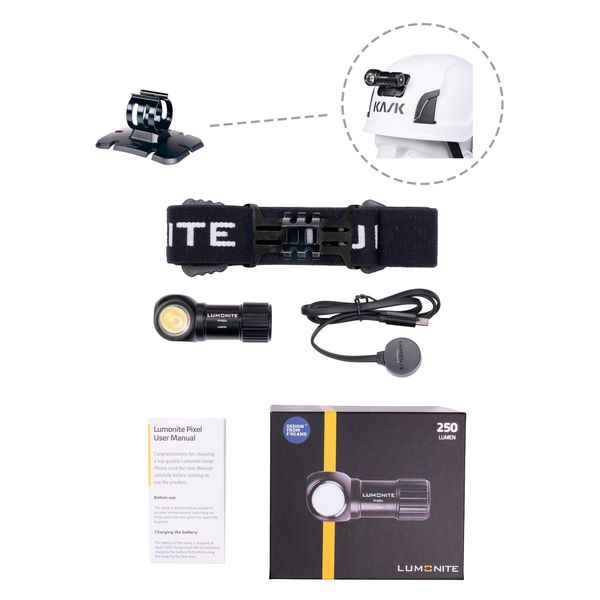 Pannlampa LUMONITE Pixel V2 - 250 lm / Laddbar, Grundpaket + Hj&auml;lmf&auml;ste (klister)