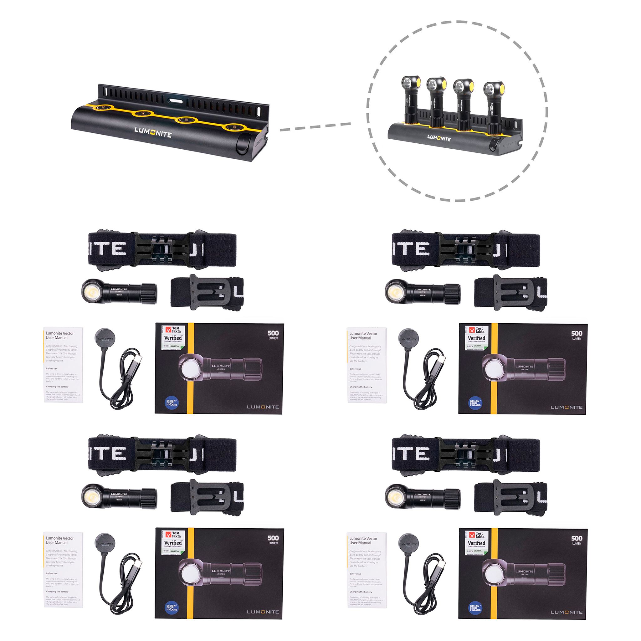 Headlamp LUMONITE Vector V2 - 500 lm / Rechargeable, 4 x Standard kit + Multi-charging station afbeelding