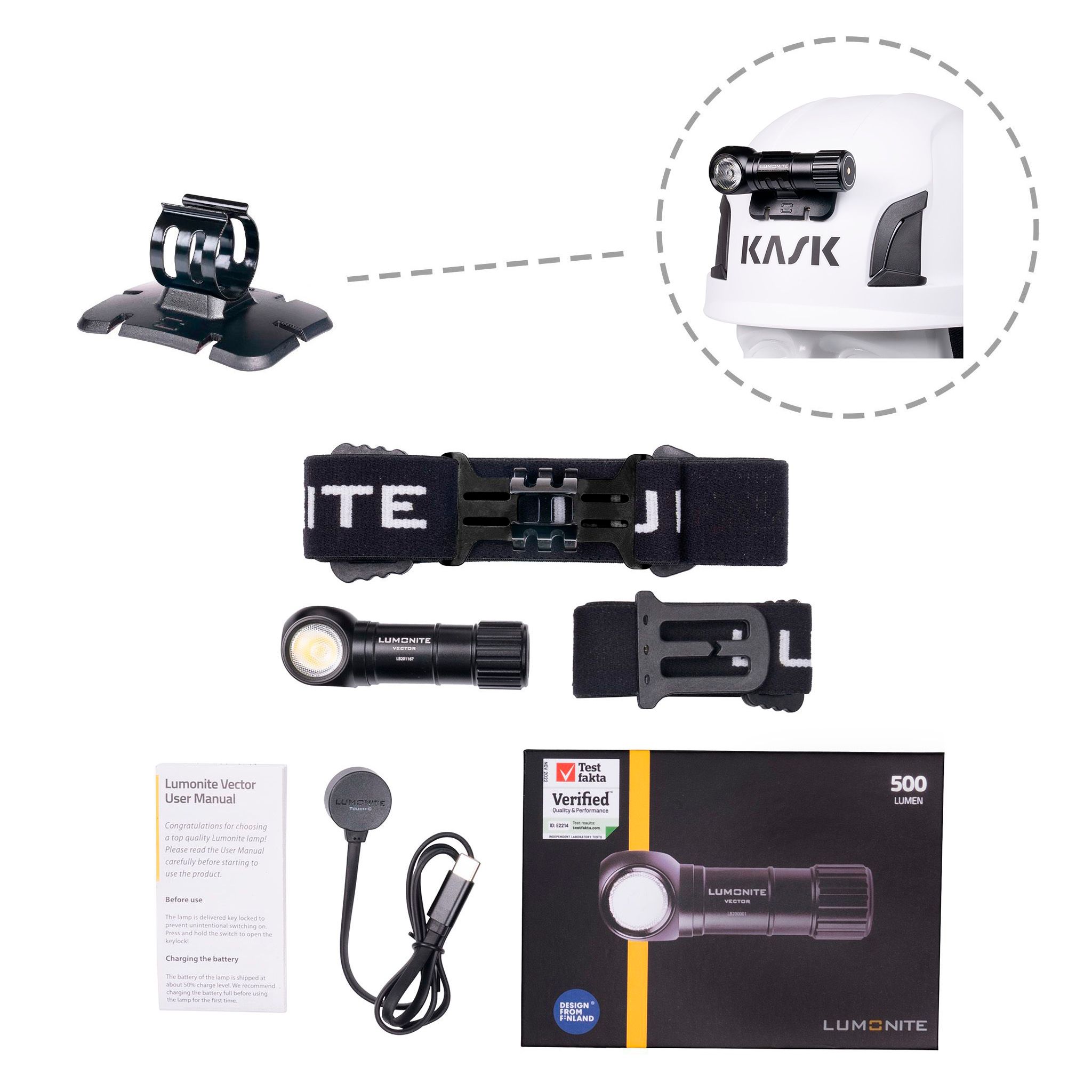 Headlamp LUMONITE Vector V2 - 500 lm / Rechargeable, Standard kit + Helmet mount (sticker) afbeelding
