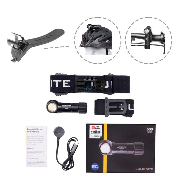 Pannlampa LUMONITE Vector V2 - 500 lm / Laddbar, Grundpaket + Cykelf&auml;ste