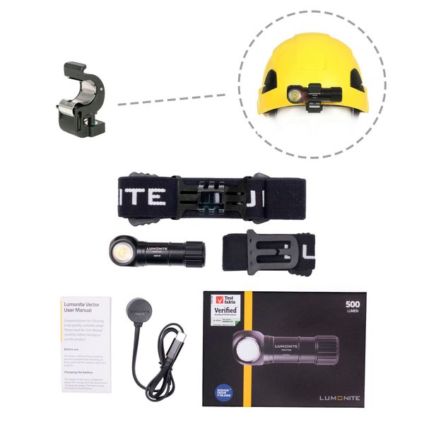 Pannlampa LUMONITE Vector V2 - 500 lm / Laddbar, Grundpaket + Skruvf&auml;ste f&ouml;r arbetshj&auml;lm