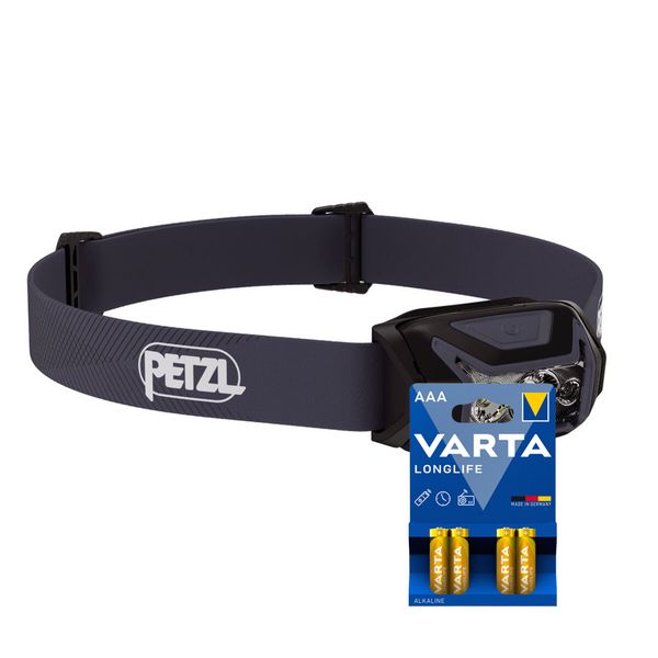 Hodelykt PETZL Actik - 450 lm / 3 x AAA, Svart + 4 stk. Varta Long Life AAA-batterier