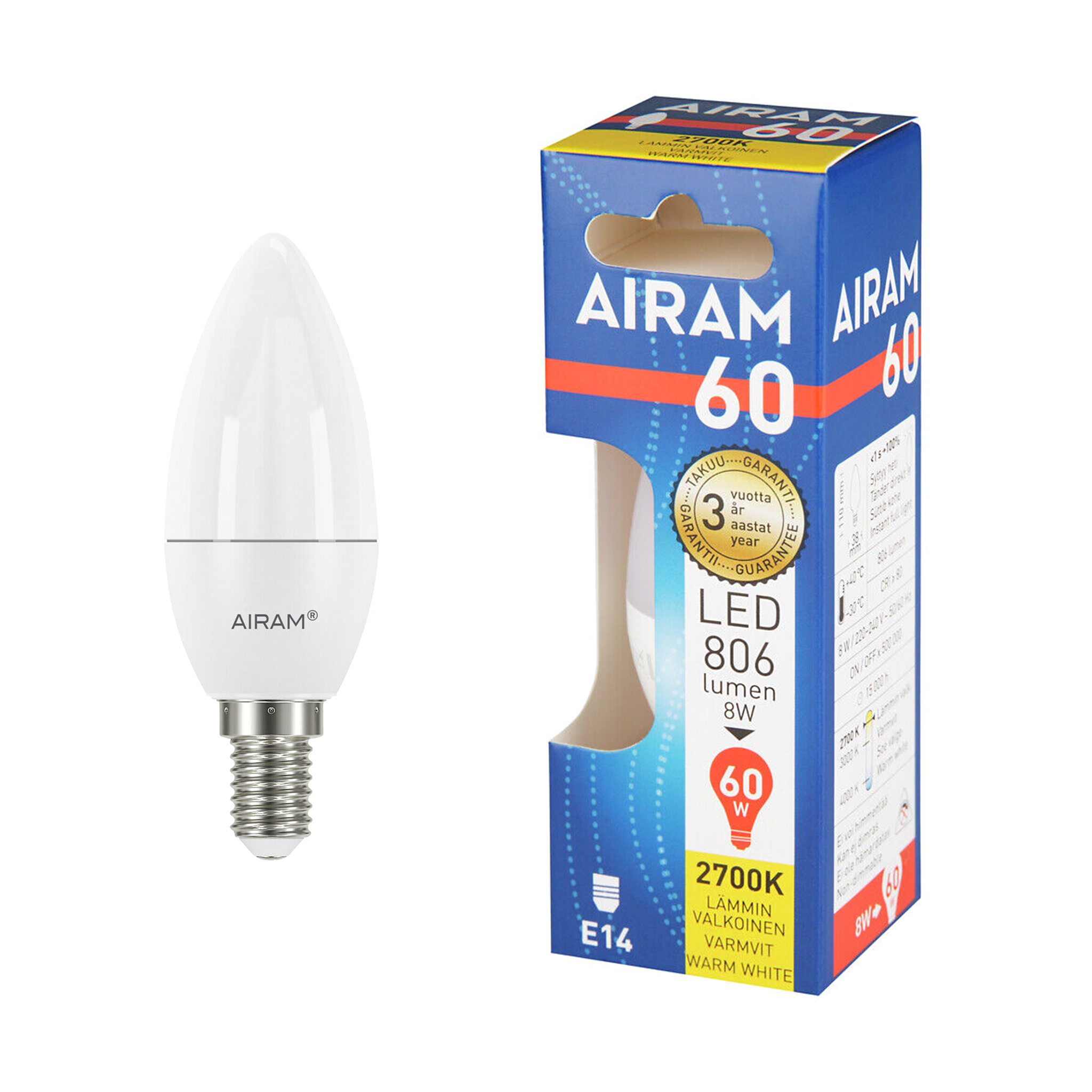 LED-lampa Airam E14 Candle, 2700K, 8 W / 806 lm