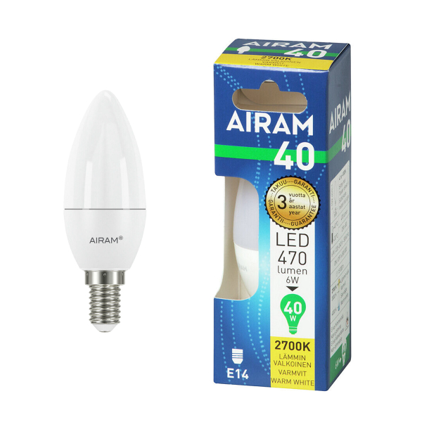 LED-pære AIRAM E14 Candle, 2700K, 6 W / 470 lm