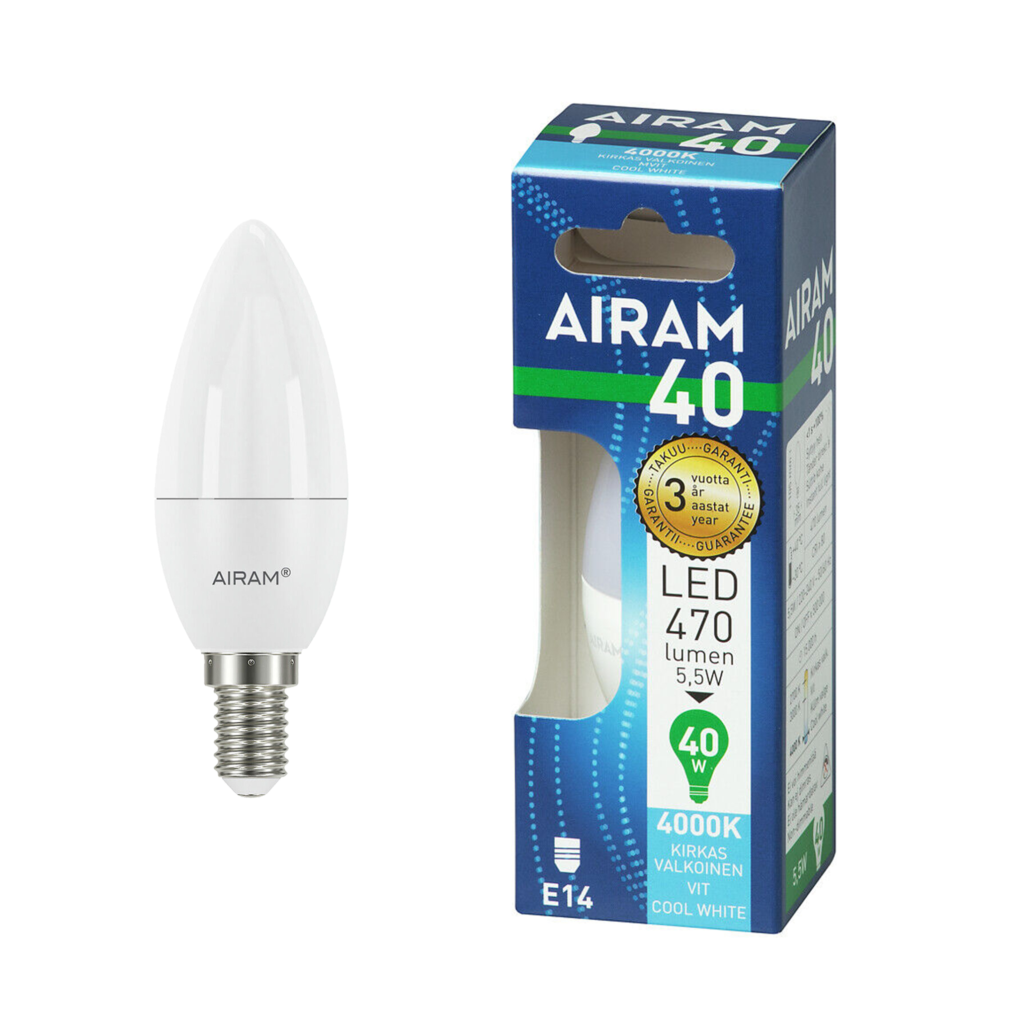 LED-lampa Airam E14 Candle, 4000K, 5.5 W / 470 lm