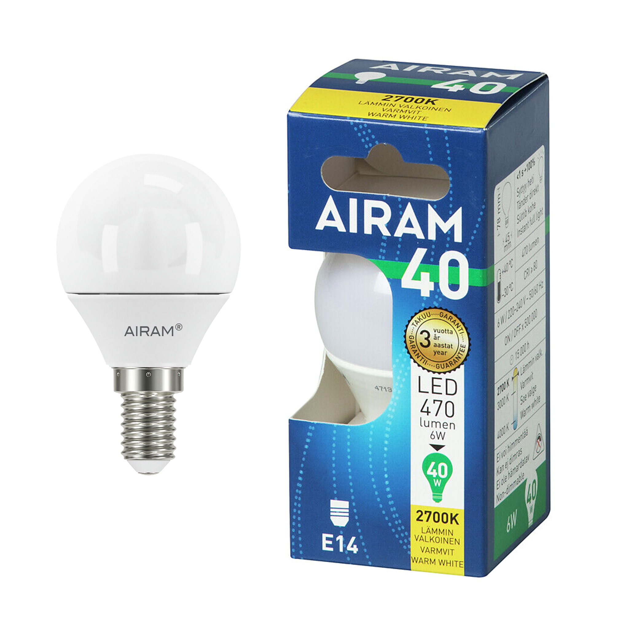 LED-lampa Airam E14 Long, 2700K, 6 W / 470 lm