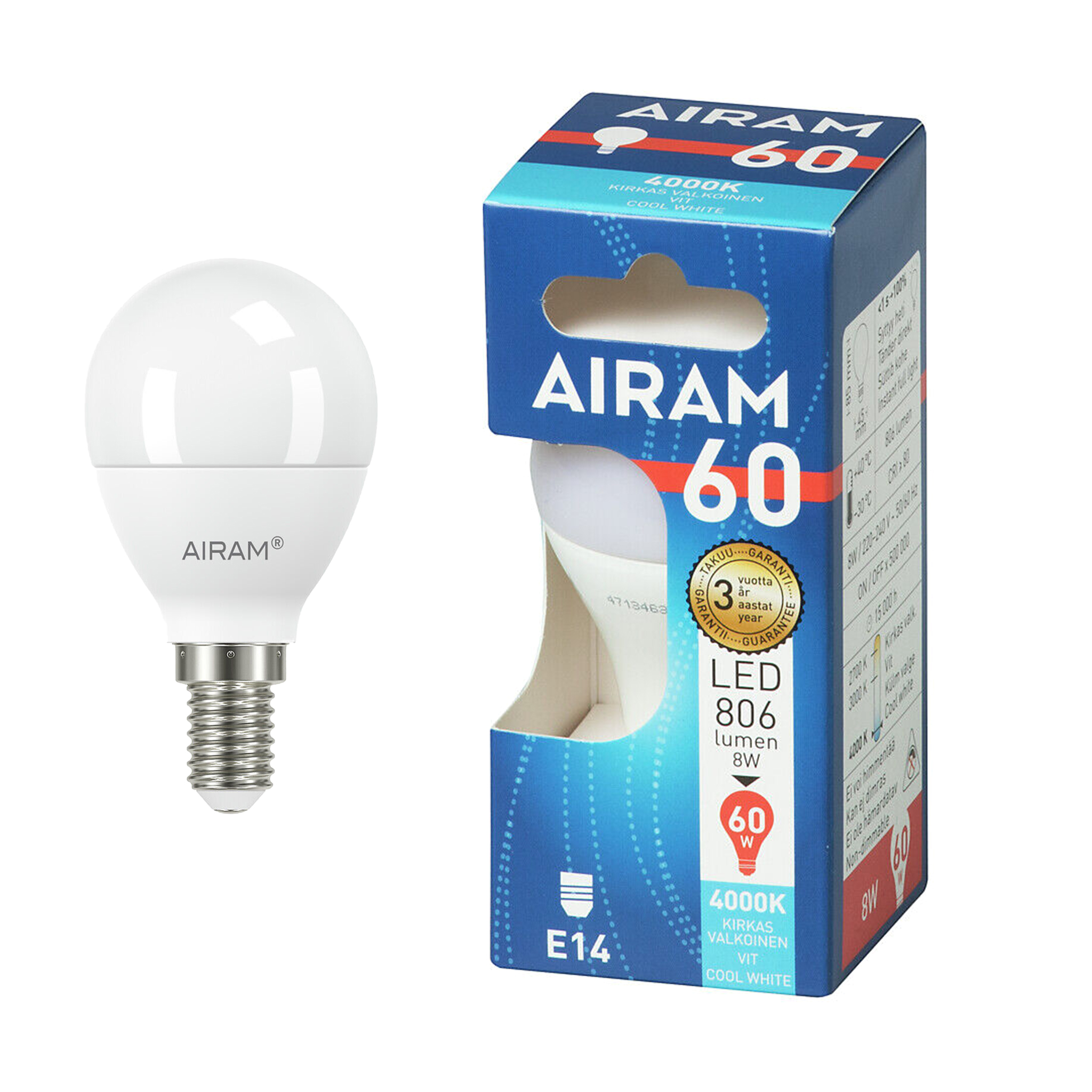 LED-lampa Airam E14 Long, 4000K, 8 W / 806 lm