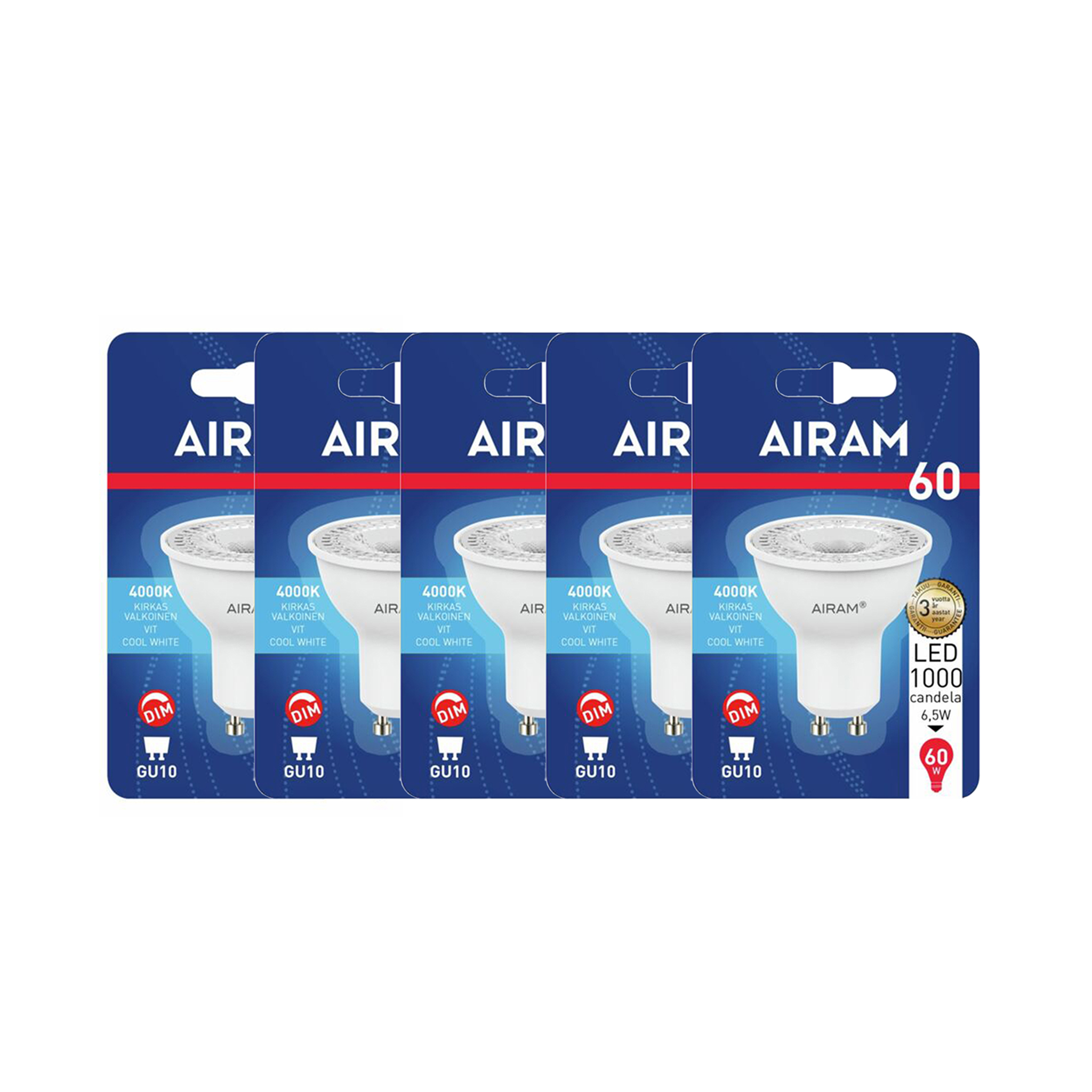 LED-Spotlight Airam GU10 PAR16 - 4000K / 6.5 W / 36° / Dimbar, 5 st
