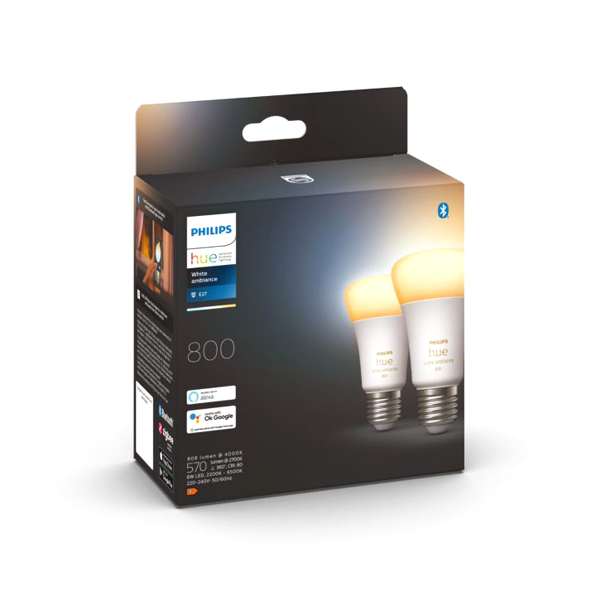 Led-älylamppu Philips Hue White Ambience, E27, 2200-6500K, 6W / 800 lm / 2 kpl