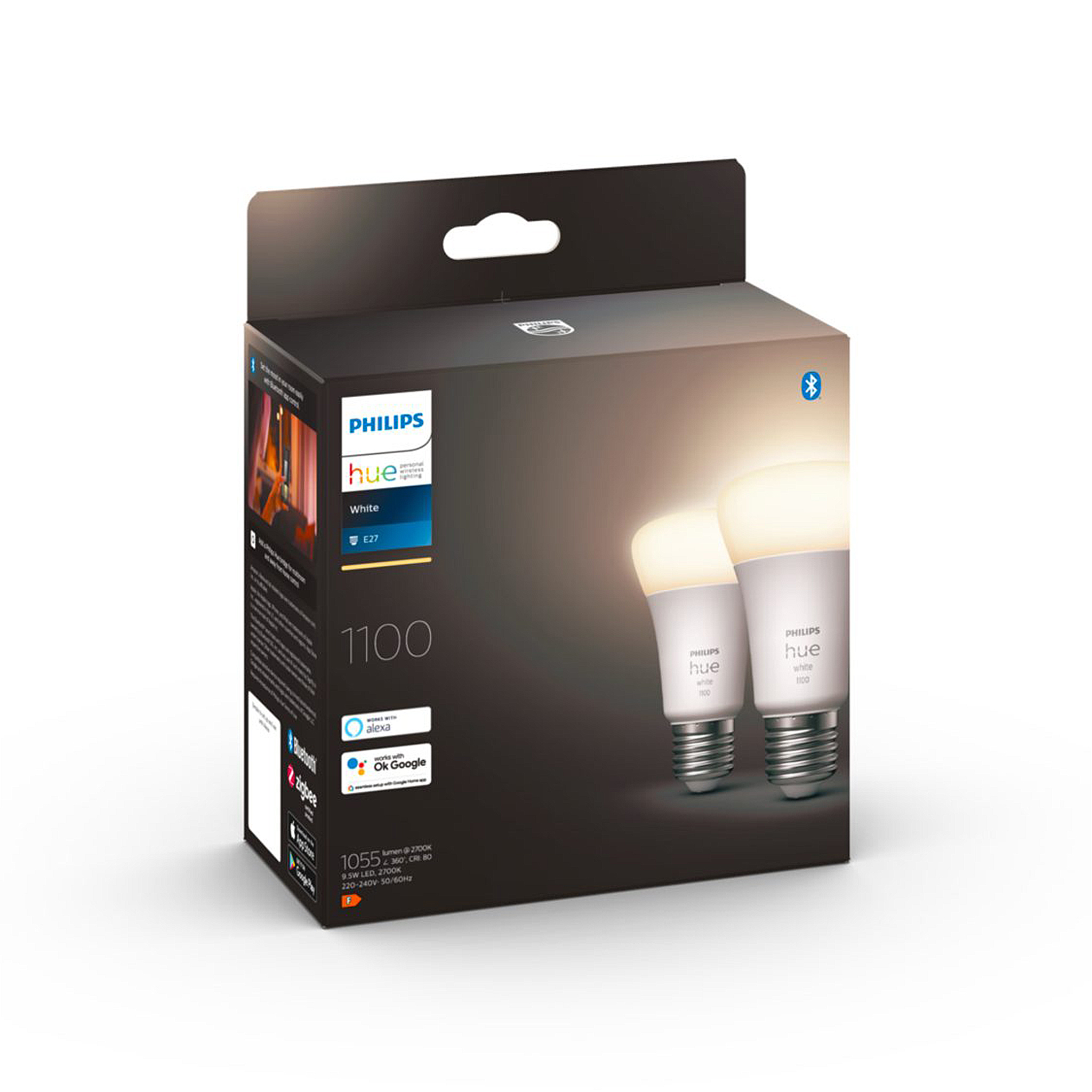 Led-älylamppu Philips Hue White, E27, 2700K, 9.5W / 1100 lm / 2 kpl | Alk. 27,90 €