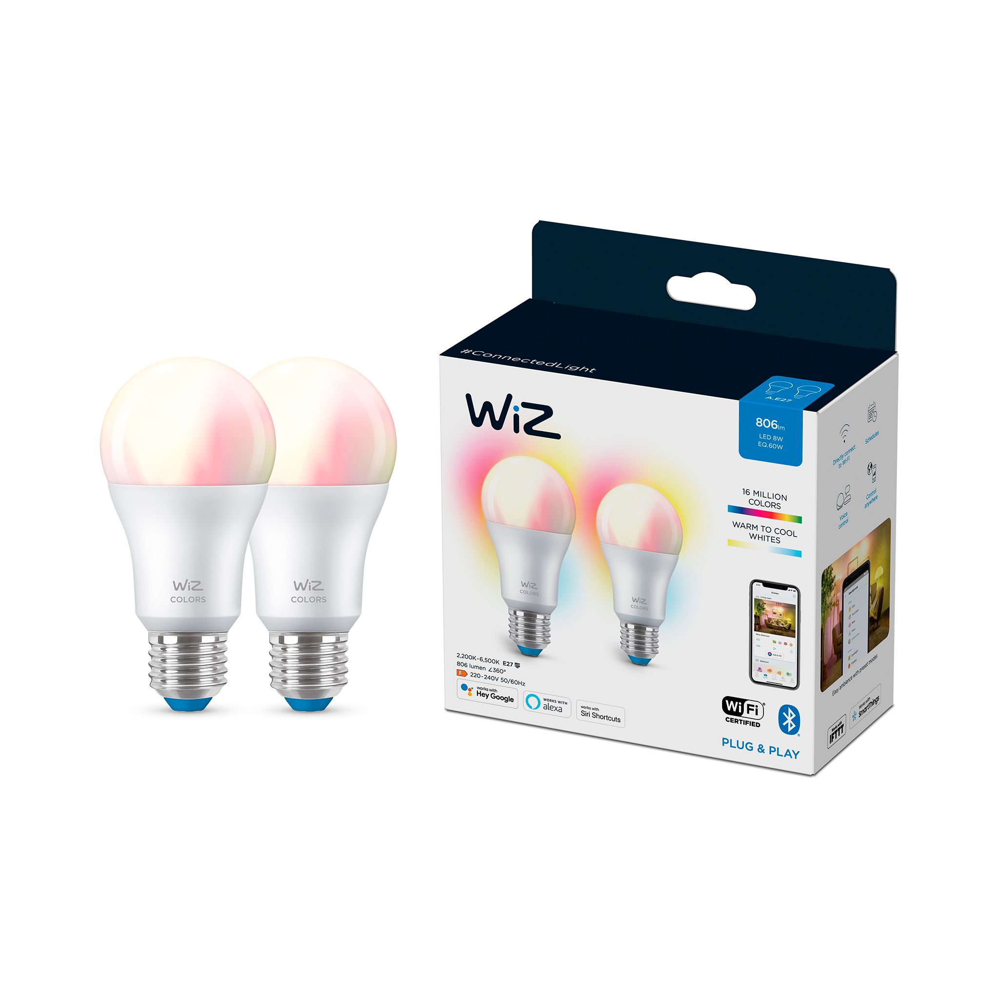 Led-älylamppu Wiz Colour RGBW, E27, 8W / 2 kpl | Alk. 28,90 €
