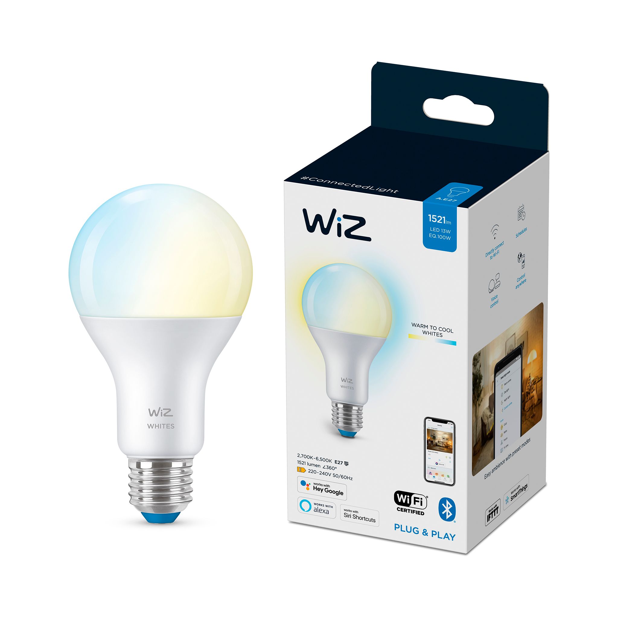 Led-älylamppu Wiz White, E27, 2700-6500K, 13W / 1 kpl