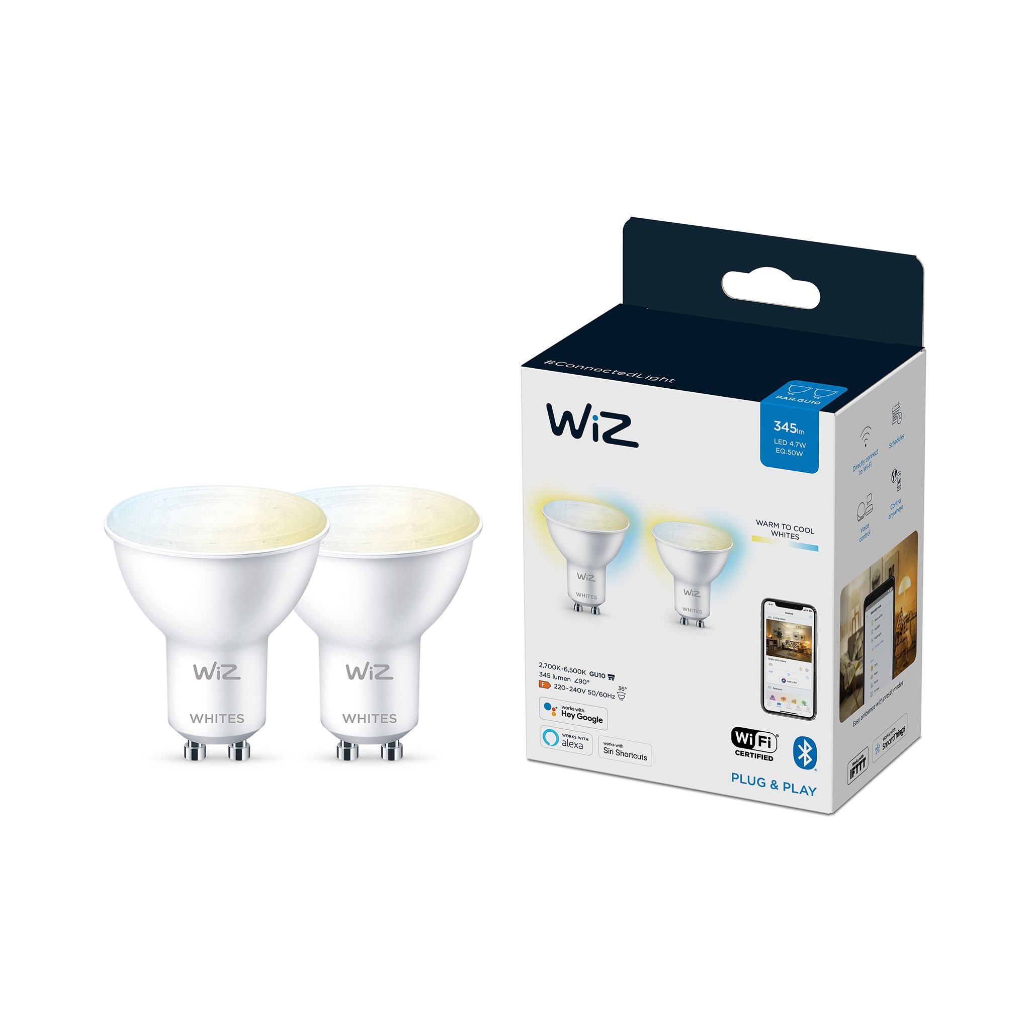 Led-älylamppu Wiz White GU10, 2700-6500K, 2 kpl