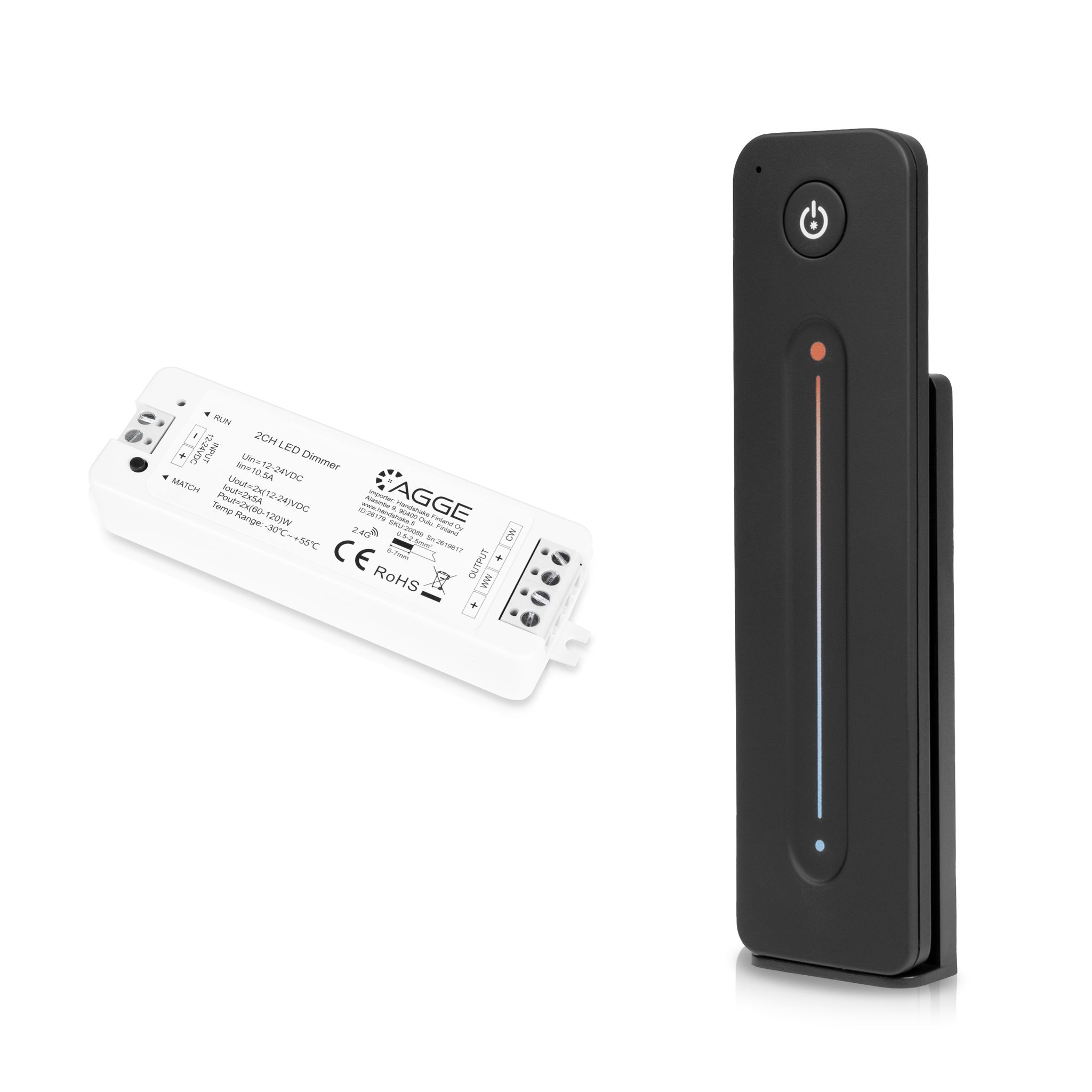 Drivdon till LED-list AGGE CCT Color Controller, RF 2.4 GHz, Drivdon + Fjärrkontroll Touch Slide (Svart)