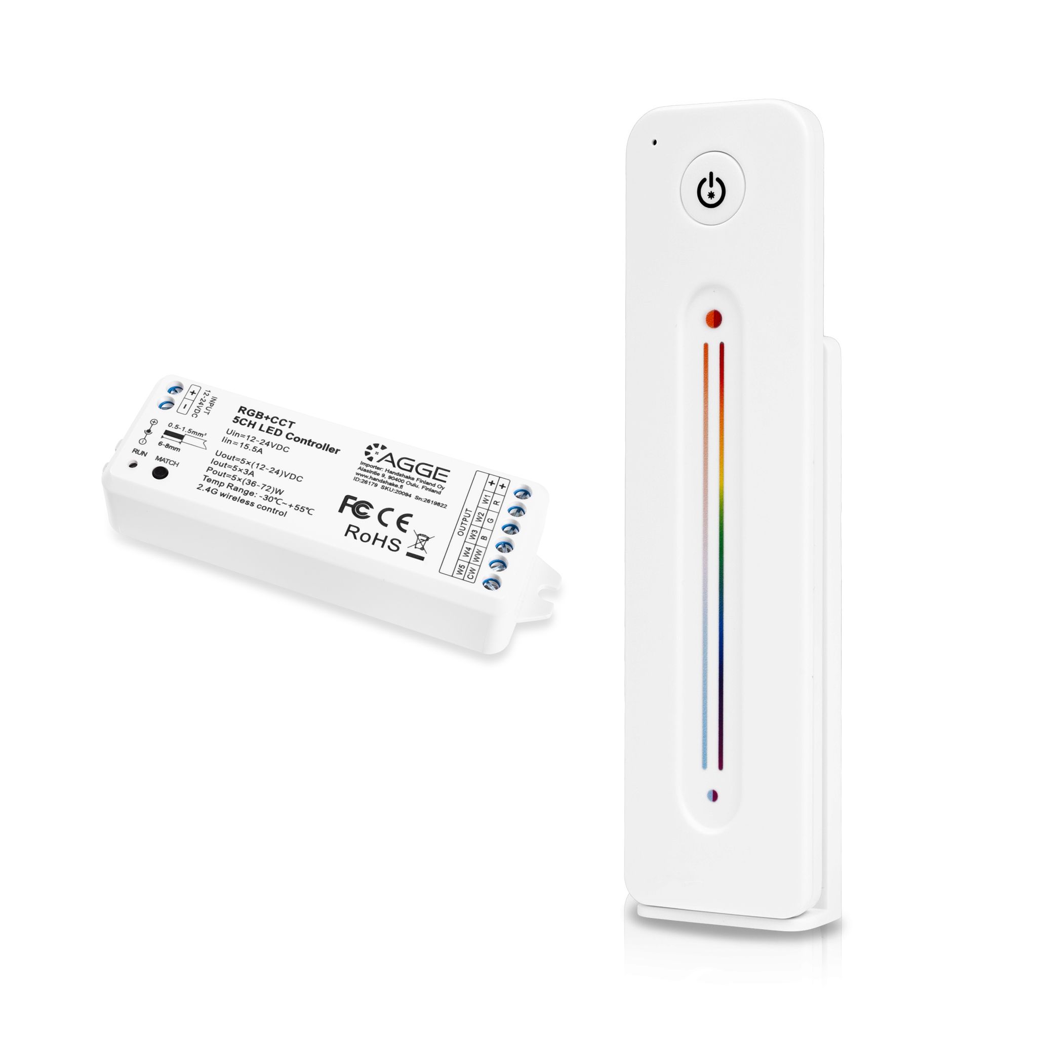 LED-nauhan ohjausyksikkö AGGE RGB+CCT Color Controller, RF 2.4 GHz, Ohjausyksikkö + Kaukosäädin Touch Slide (Valkoinen) | Alk. 54,90 €