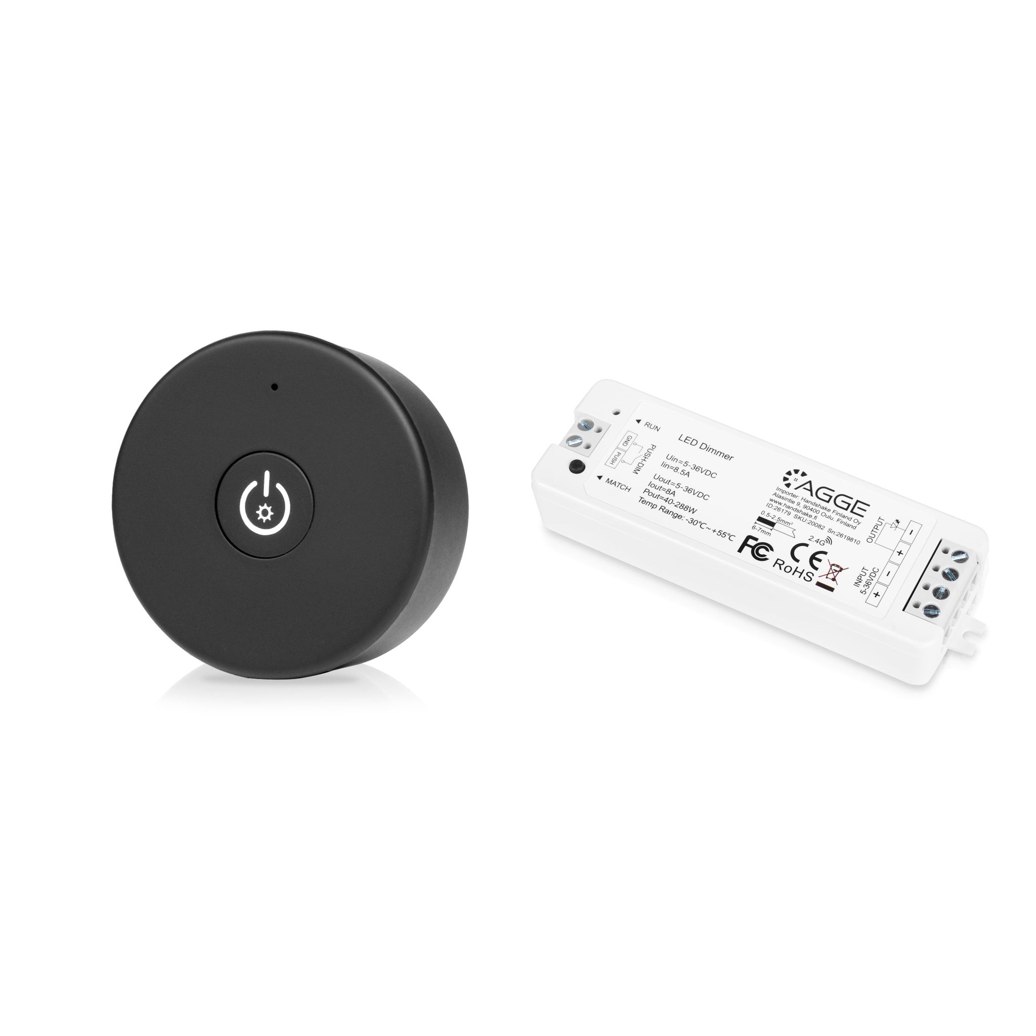 Drivdon till LED-list AGGE Single Color Controller, RF 2.4 GHz, Drivdon + Fjärrkontroll Dimming One-Key (Svart)