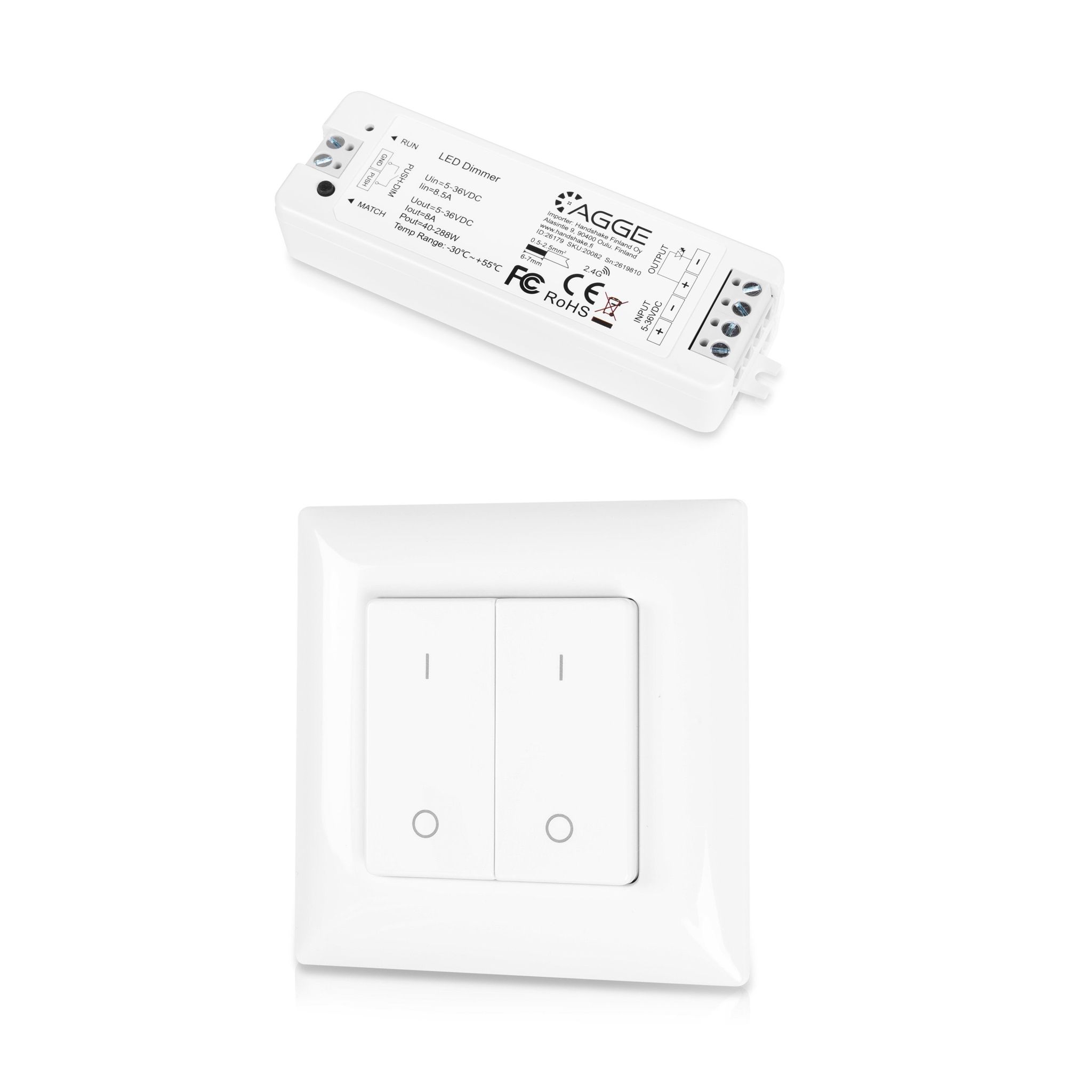Drivdon till LED-list AGGE Single Color Controller, RF 2.4 GHz, Drivdon + Fjärrkontroll Dimming 4-key Panel