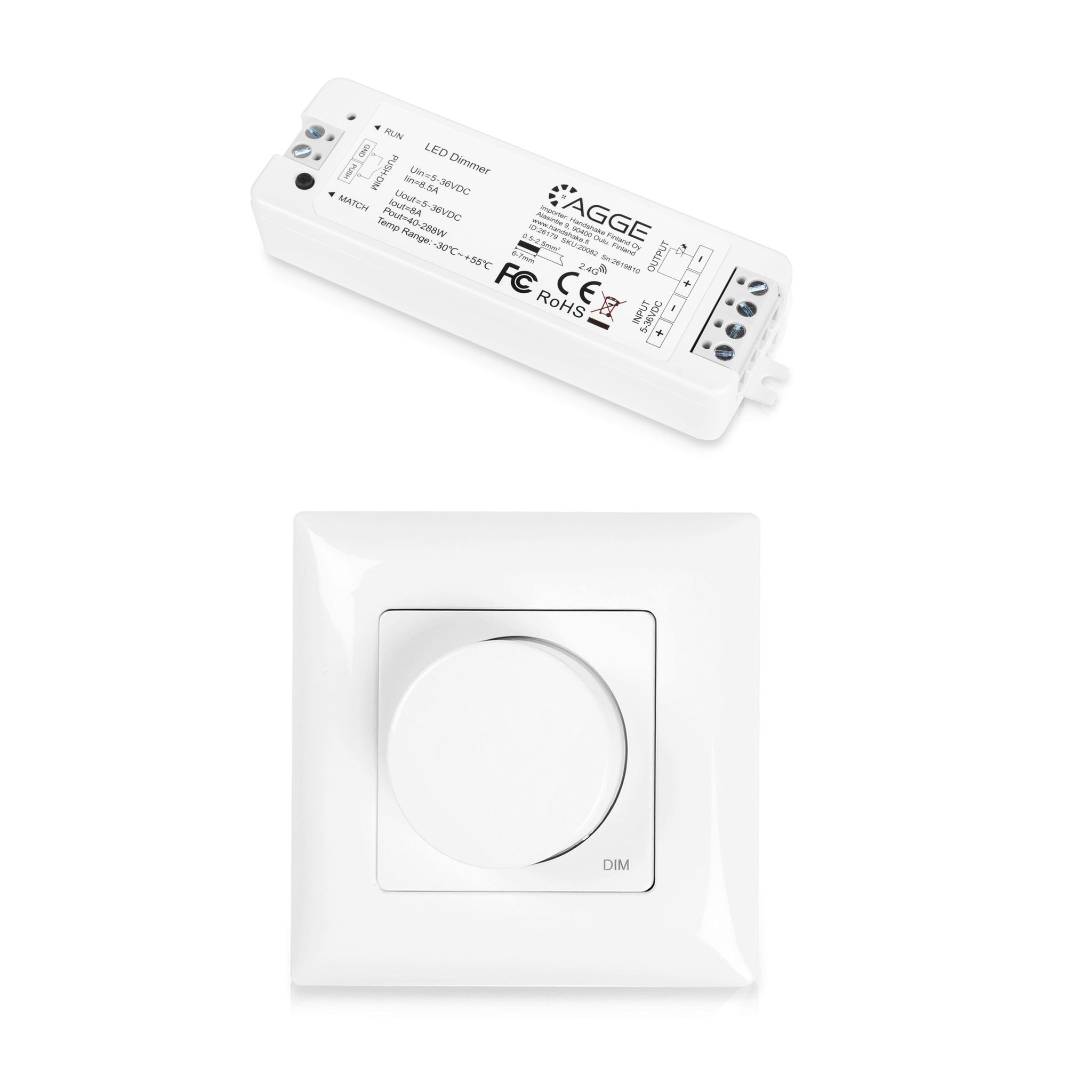 Drivdon till LED-list AGGE Single Color Controller, RF 2.4 GHz, Drivdon + Fjärrkontroll Dimming Rotary Panel